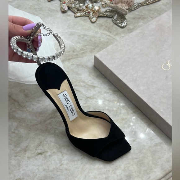 Jimmy Choo Saeda Sandal 100, Black Suede Sandals with Crystal Embellishment - Picture 3 of 5